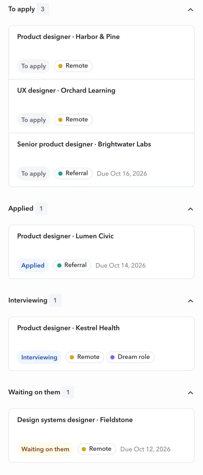 周五的 Job search 看板:To apply 中有三个新职位,Applied 一个,Interviewing 一个,还有一个在等待回复并已设置跟进日期。