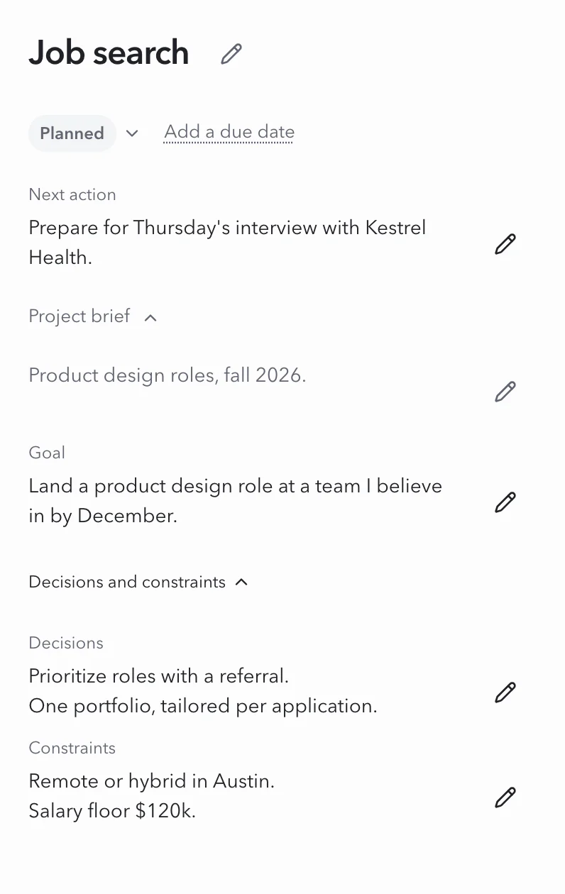 Job search 项目简介:下一步行动、目标、决定,以及远程或在奥斯汀混合办公、最低薪资等约束条件。
