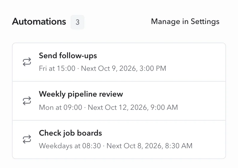 Job search 项目中的周期任务:每周五 15:00 的 Send follow-ups、每周一 09:00 的 Weekly pipeline review,以及工作日 08:30 的 Check job boards。