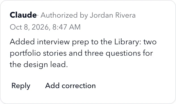 Claude 的评论(由 Jordan Rivera 授权):它添加了面试准备,包括两个作品集案例和三个要问设计负责人的问题。
