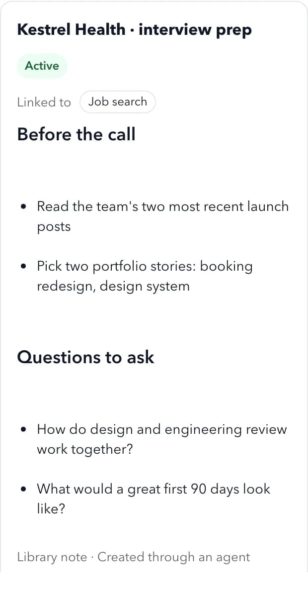 资料库笔记“Kestrel Health · interview prep”,由智能体创建,列出了通话前要阅读的内容和要提的问题。
