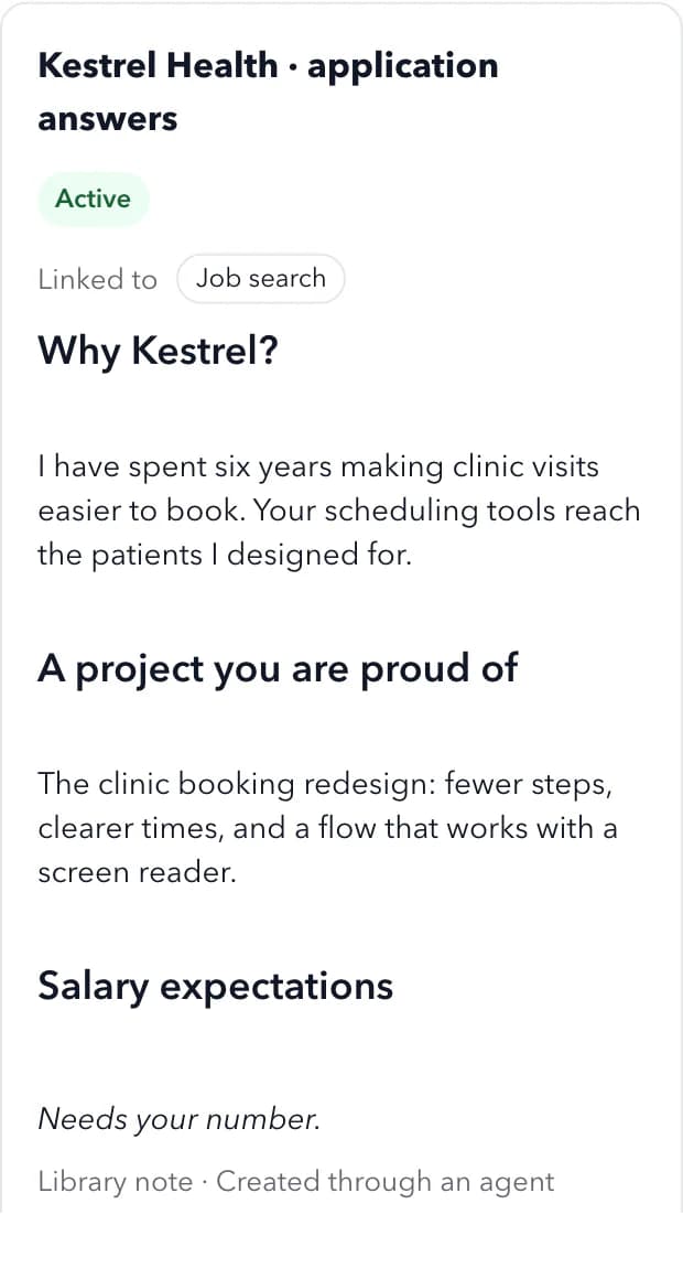 资料库笔记“Kestrel Health · application answers”,由智能体创建,包含起草的回答,薪资一项标注为“Needs your number”。